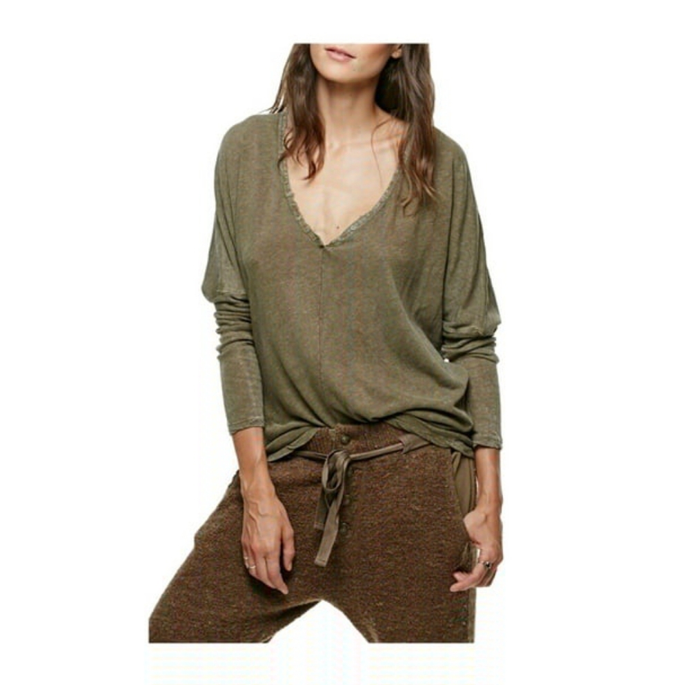 New Free People Santa Cruz Henley Distressed Acid Wash Lagenlook Style Shirt Top